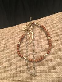 Brown wood, gold and crystal beads bracelet //269